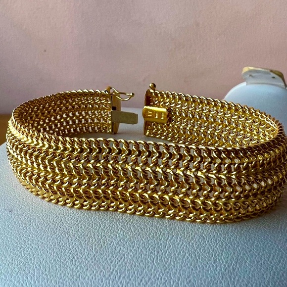 18K YELLOW GOLD WIDE FLEXIBLE CHAINS BRACELET MADE IN ITALY STATEMENT GORGEOUS - Picture 12 of 16